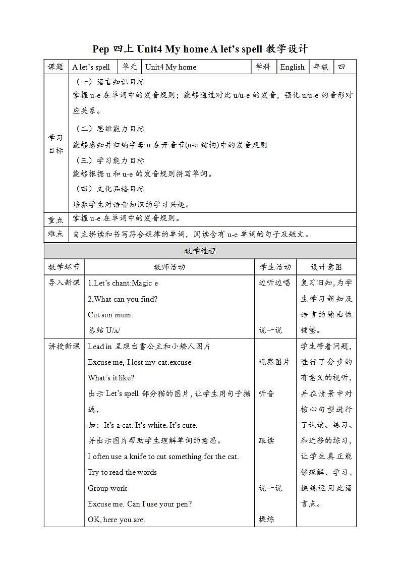 人教PEP版四年级上册 Unit4 My home A let's spell  课件+教案+练习+素材01