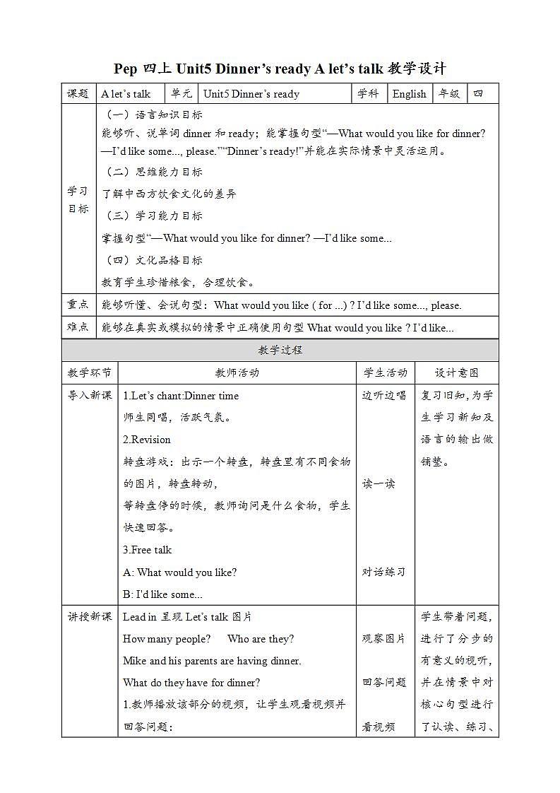 人教PEP版四年级上册 Unit5 Dinner's ready A let's talk  课件+教案+练习+素材01