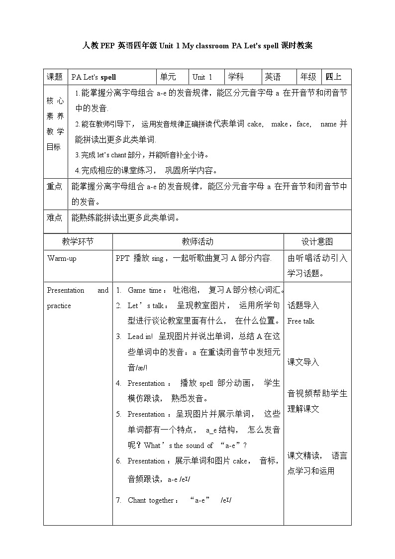 人教PEP版四年级上册 Unit 1 My classroom PA Let's spell 课件+教案+练习+动画素材01