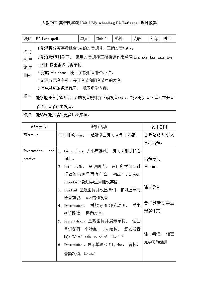 人教PEP版四年级上册 Unit 2 My schoolbag PA Let's spell 课件+教案+练习+动画素材01