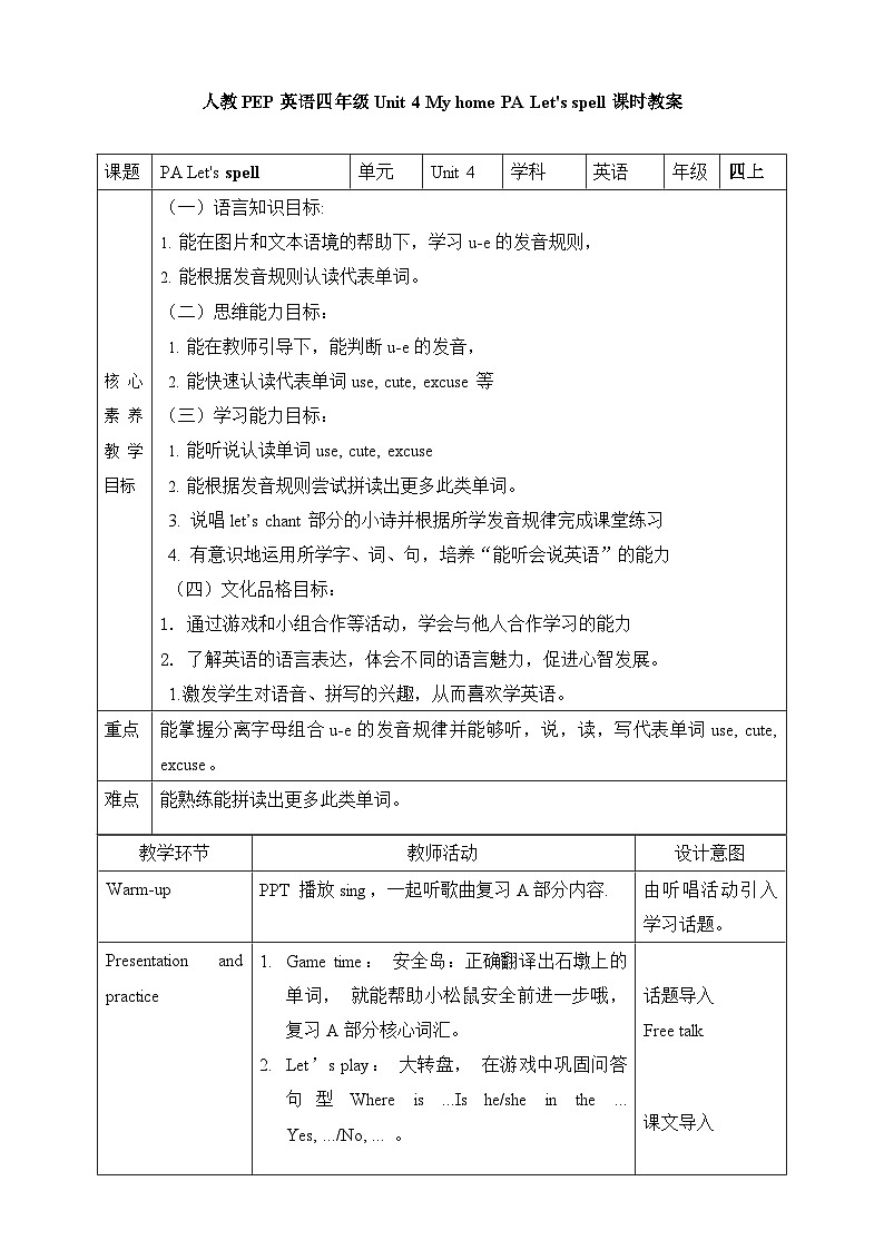 人教PEP版四年级上册 Unit 4 My home PA Let's spell 课件+教案+练习+动画素材01