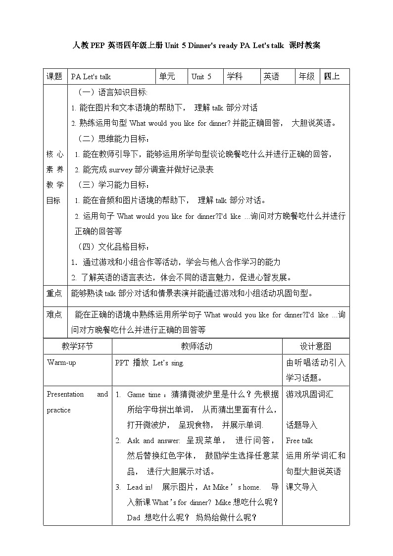 人教PEP版四年级上册 Unit 5 Dinner's ready PA Let's talk 课件+教案+练习+动画素材01