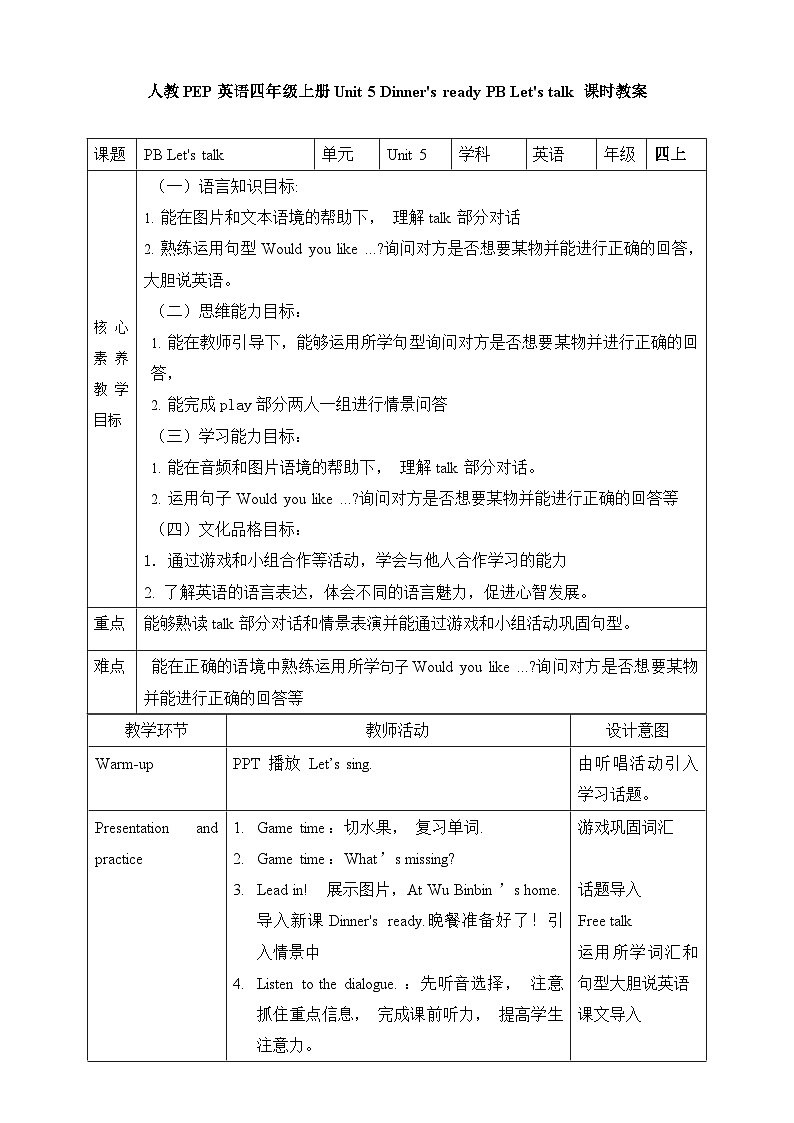 人教PEP版四年级上册 Unit 5 Dinner's ready PB Let's talk 课件+教案+练习+动画素材01
