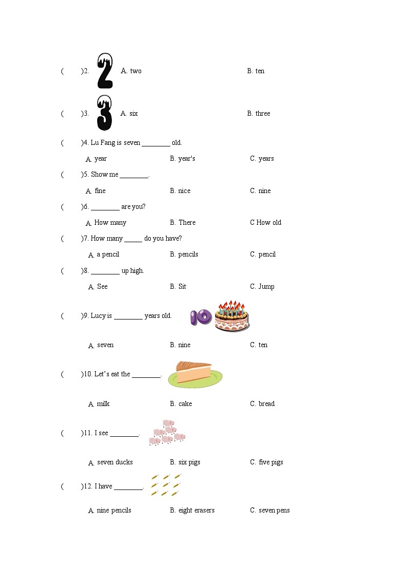 人教版小学英语 三年级上册 Unit 6 Happy birthday! B Let’s learn ＆ Let’s do 同步练习（含答案）第2页