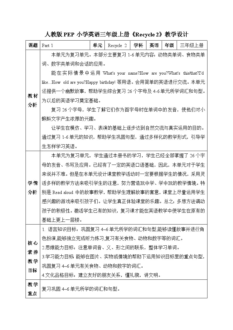 【核心素养目标】人教版PEP小学英语 三年级上册 Recycle 2Part 1课件+教案+练习（含教学反思和答案）01