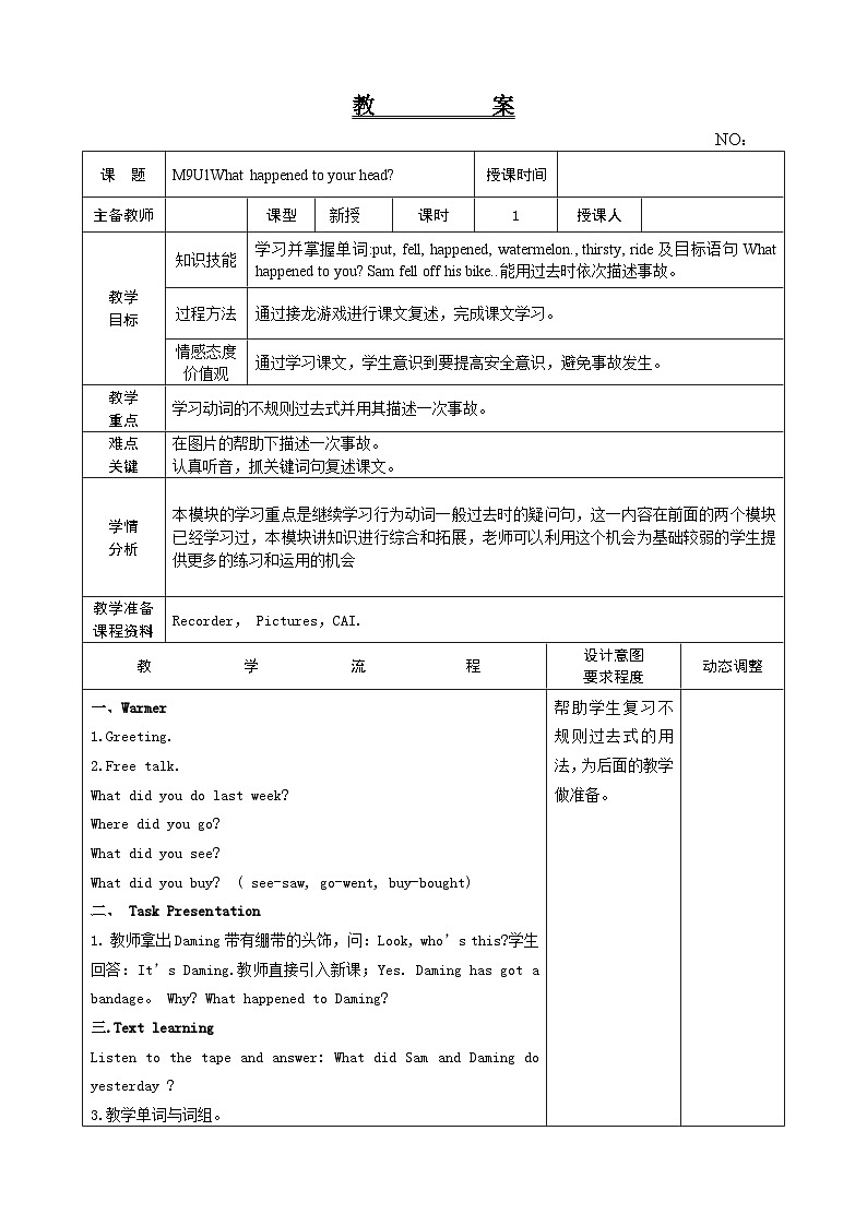 Module 9 Unit 1 What happened to your head 教案 外研版一起英语四上01