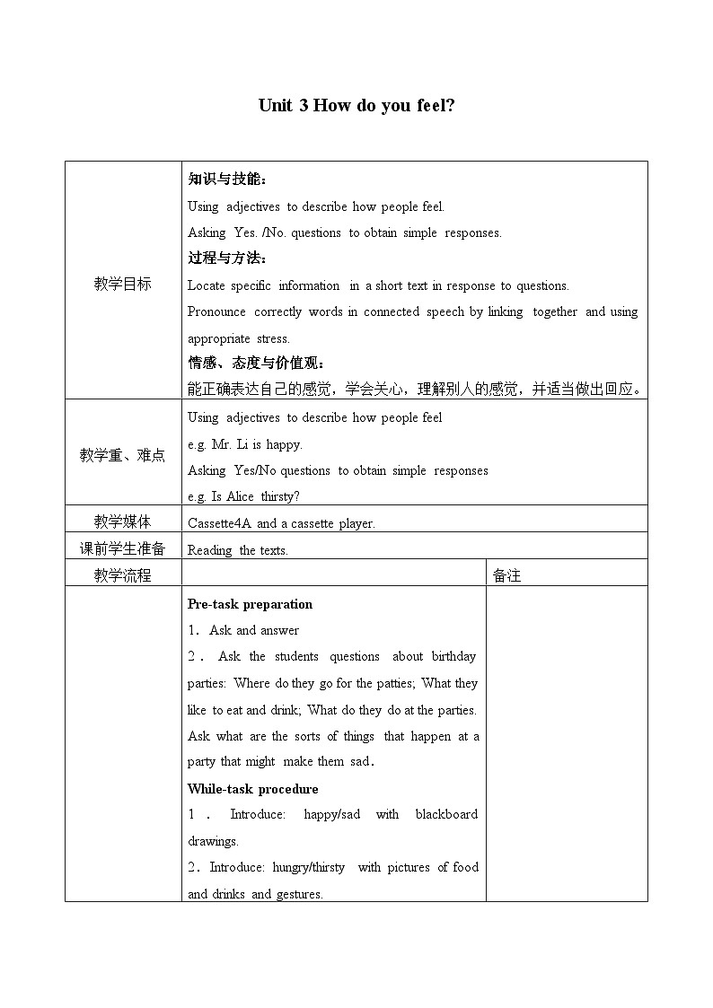 牛津上海版（试用本）小学四年级英语上册 Unit 1 Unit 3 How do you feel    教案101