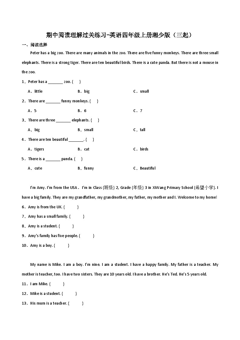 期中阅读理解过关练习-英语四年级上册湘少版（三起）第1页