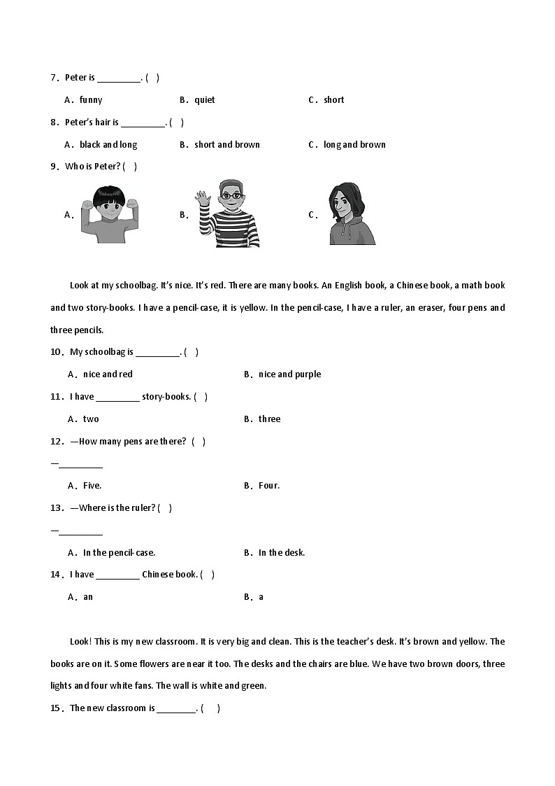 期中阅读理解过关练习-英语四年级上册人教PEP版02