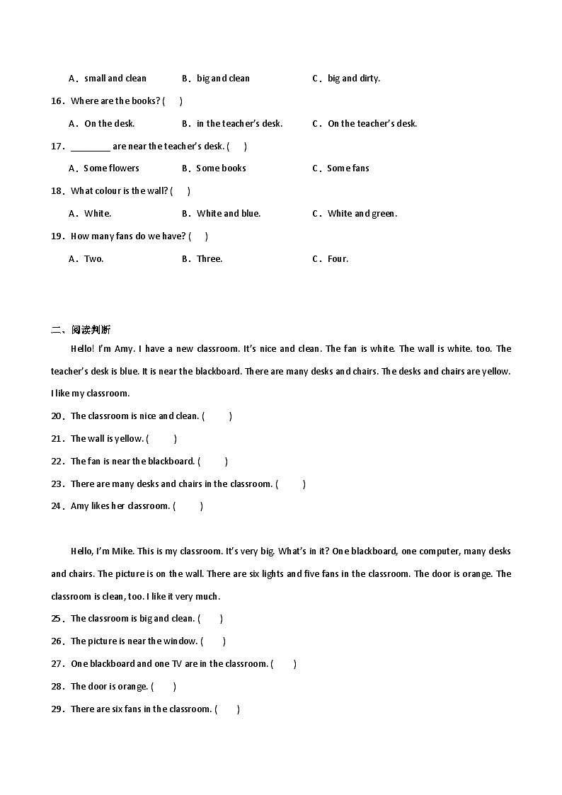 期中阅读理解过关练习-英语四年级上册人教PEP版03