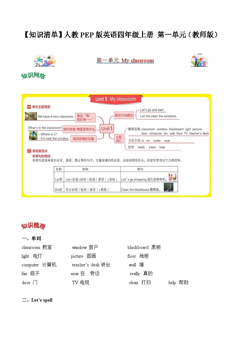 人教PEP版英语四年级上册 Unit1 知识清单 教师01