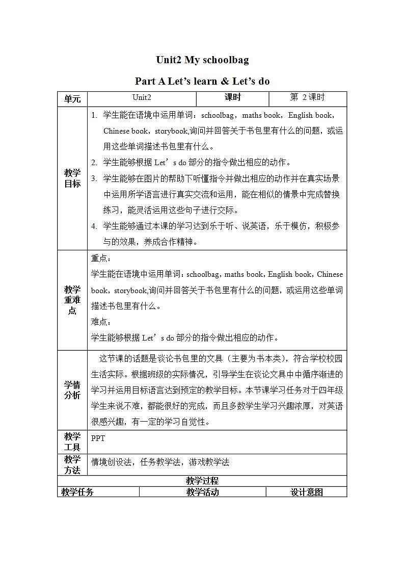 人教PEP版英语四年级上册 Unit 2 Part A Let's learn  Let's do  同步教案第1页