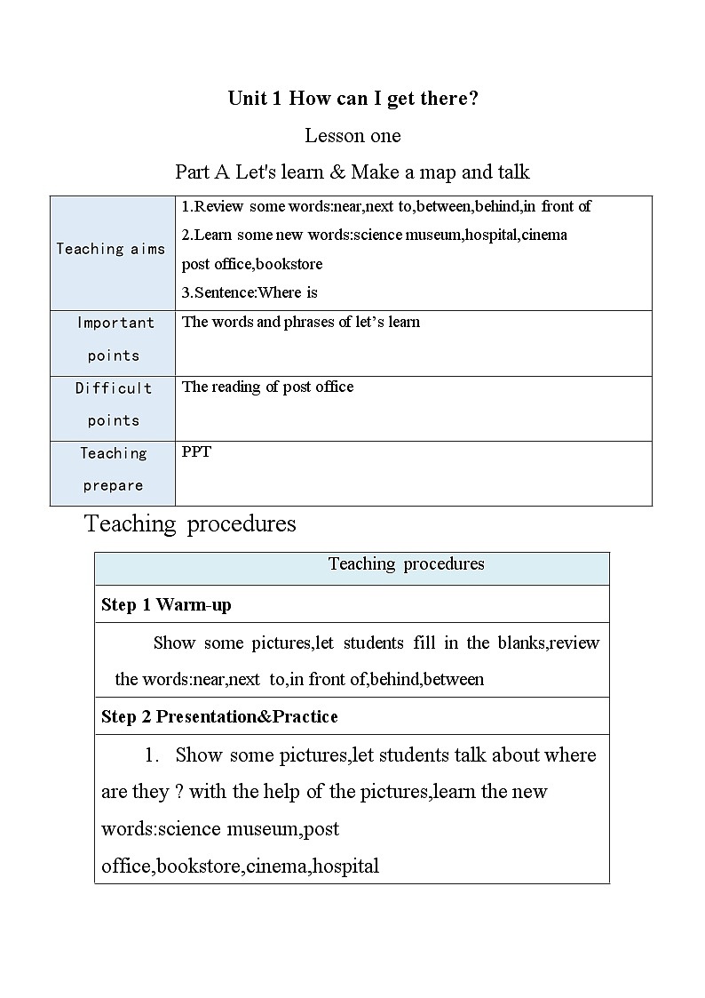 Unit1 How can I get there part A.Let 's learn（教案）人教PEP版英语六年级上册第1页