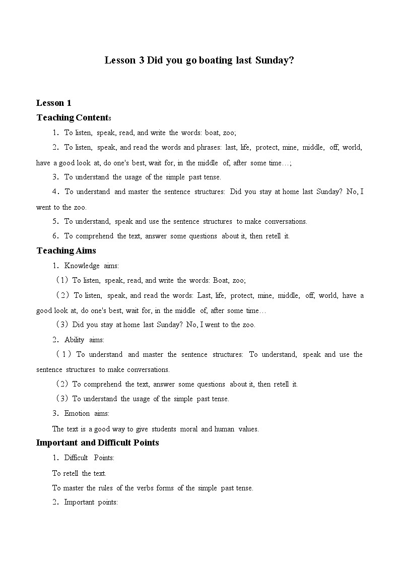 科普版（三年级起点）小学英语六年级下册 Lesson 3   Did you go boating last Sunday   教案01