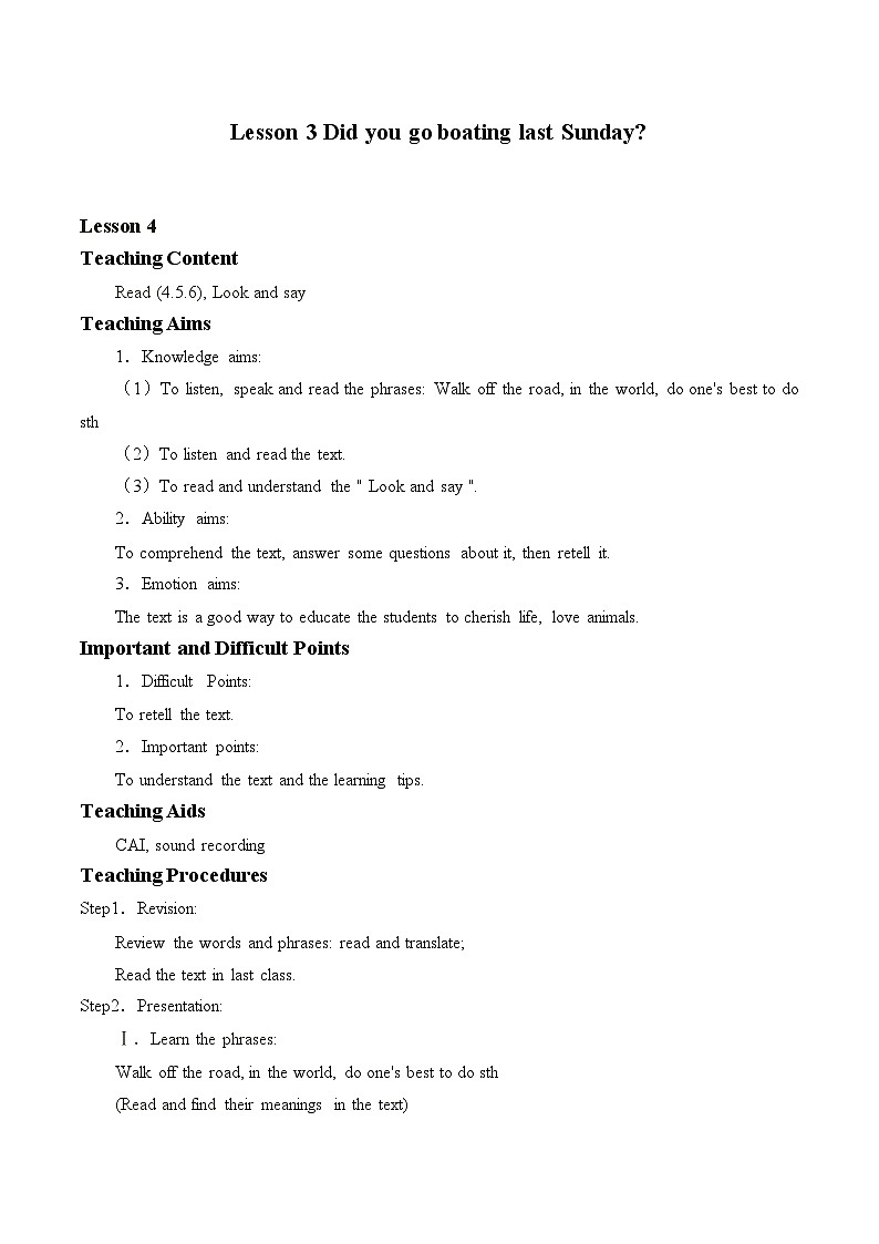 科普版（三年级起点）小学英语六年级下册 Lesson 3   Did you go boating last Sunday   教案3第1页