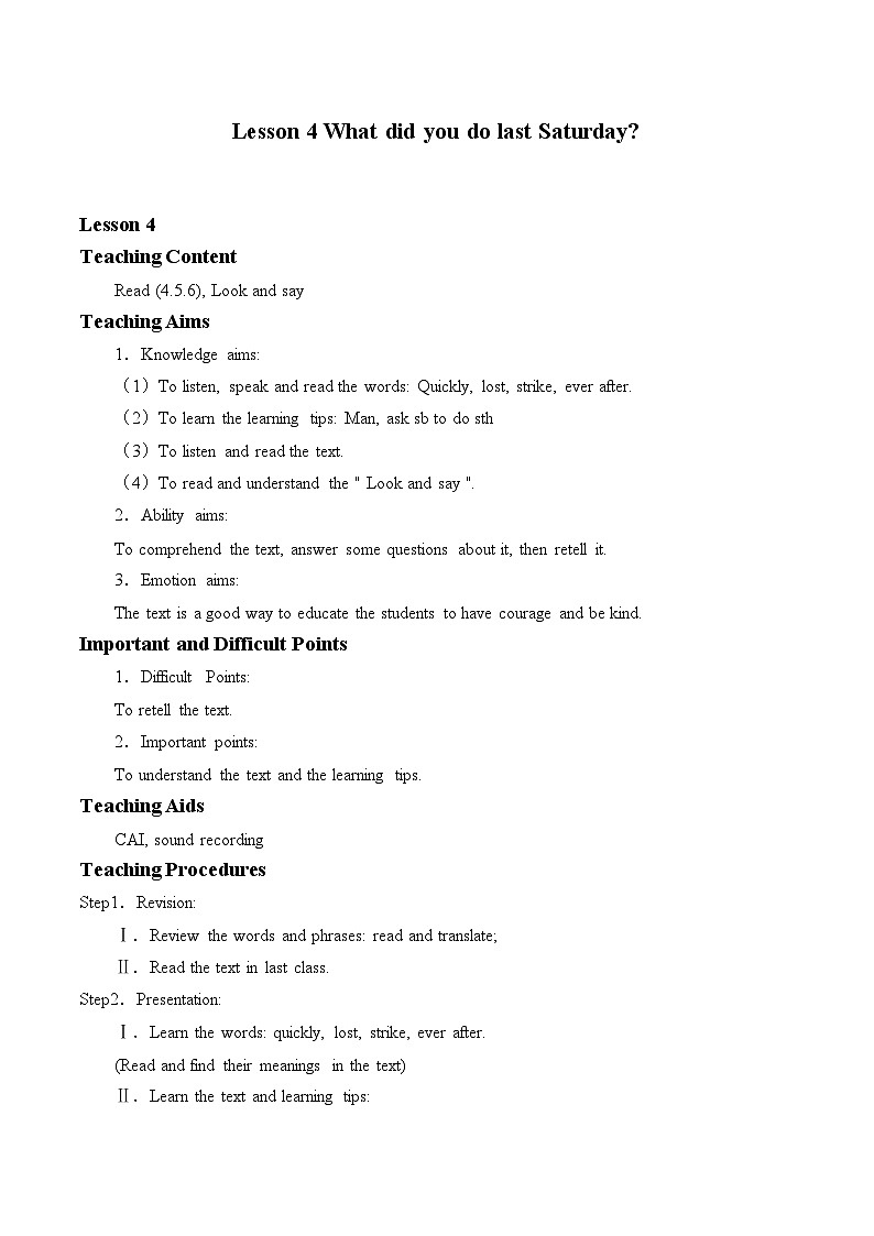 科普版（三年级起点）小学英语六年级下册 Lesson 4   What did you do last Saturday   教案301