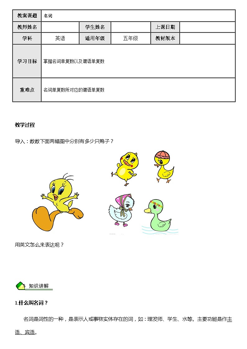 英语人教PEP 五年级上册精讲精练-第15讲 名词 （教师版+学生版）01
