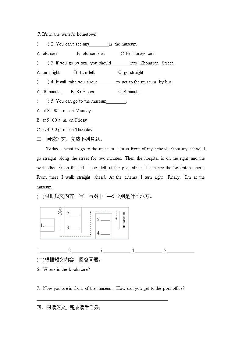 Unit 1 How can I get there（阅读练习）（试题）人教PEP版英语六年级上册02