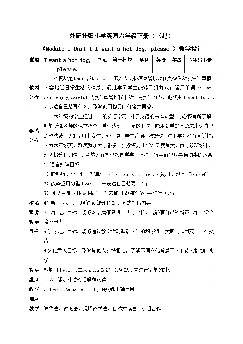 【核心素养目标】外研版小学英语（三起）六下Module1-Unit1 I want a hot dog,please.课件+教案+同步分层练习（含教学反思和答案）01