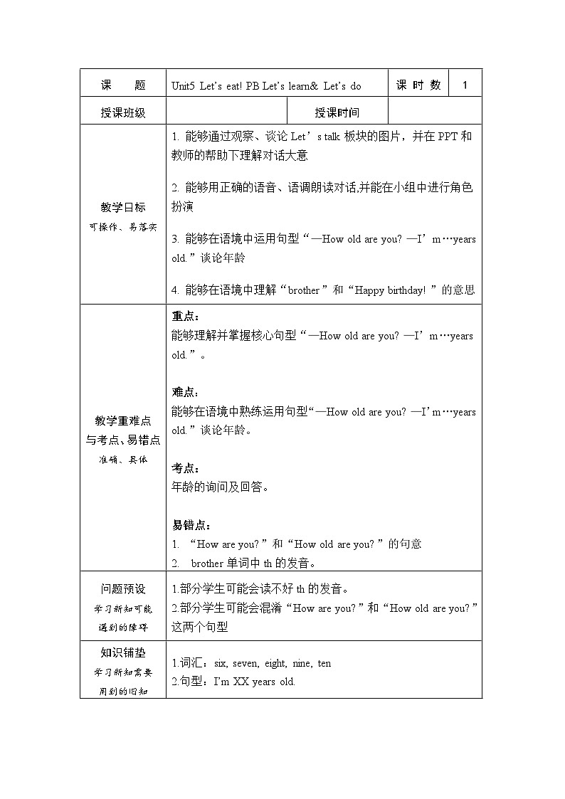 Unit5 Let’s eat! PB Let’s learn& Let’s do （教案）人教PEP版英语三年级上册01