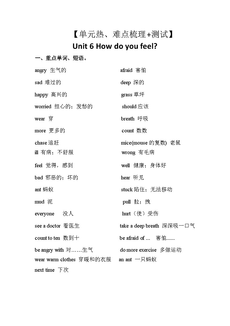 【期中重难点】人教pep版英语六年级上册--Unit 6《How do you feel》知识点梳理+测试01