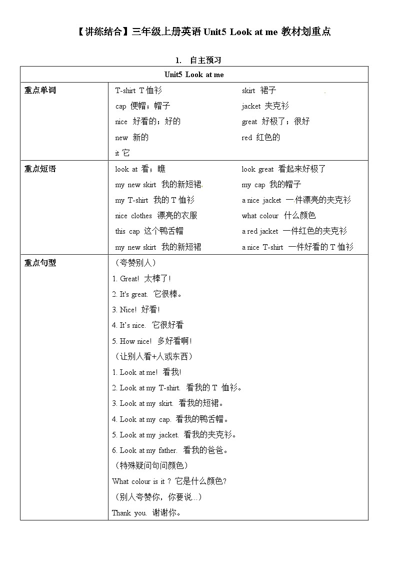 【期中重难点】译林版英语三年级上册--Unit5《Look at me》教材重点讲学案01
