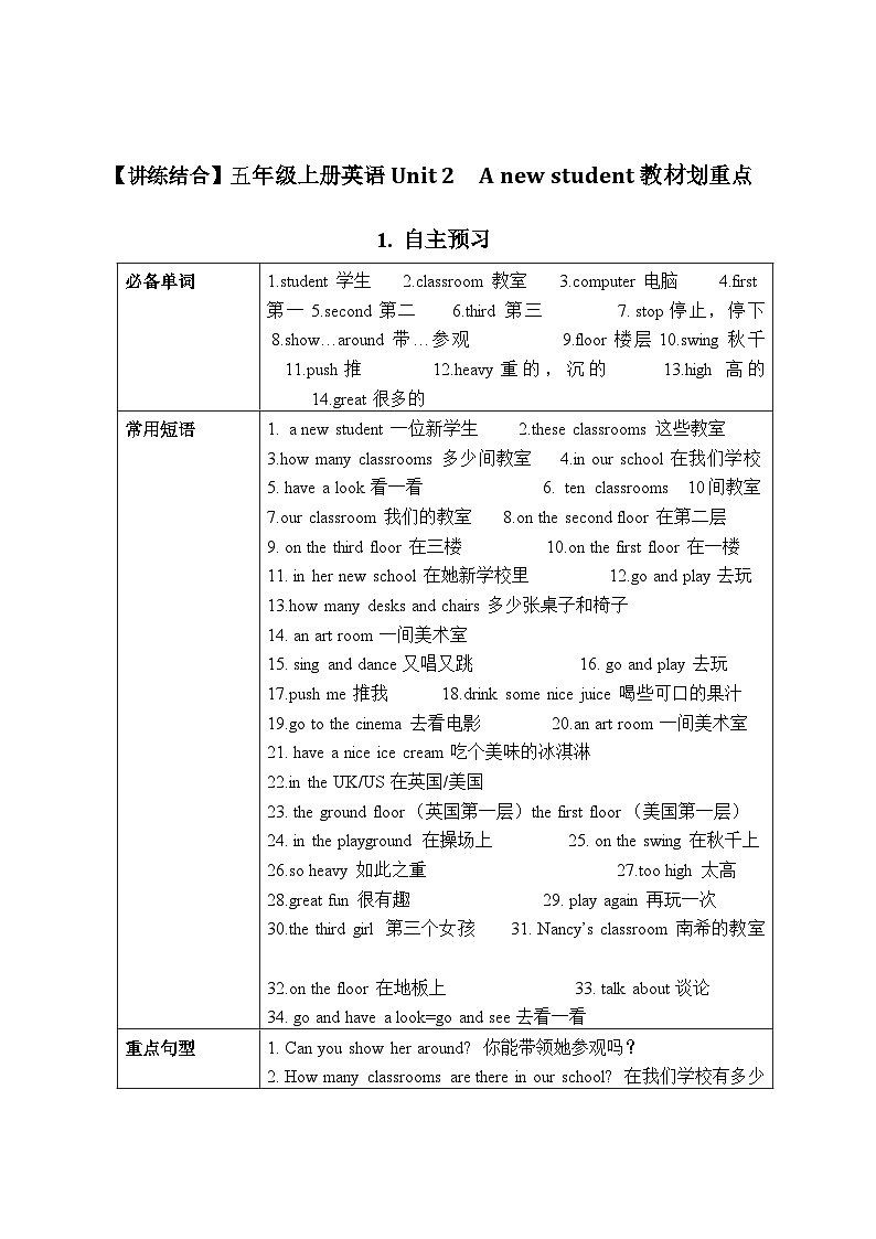 【期中重难点】译林版英语五年级上册--Unit2《A new student》教材重难点讲学案01