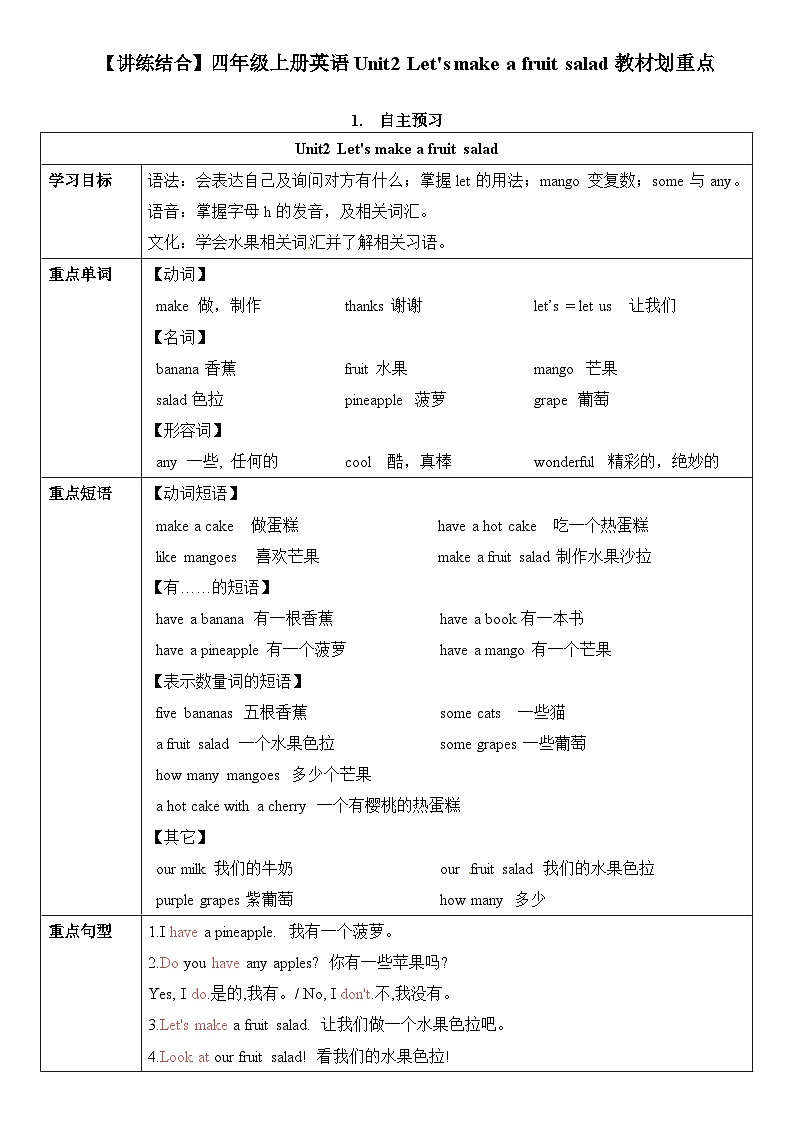 【期中重难点】译林版英语四年级上册--Unit2《Let's make a fruit salad》期中重难点讲学案01