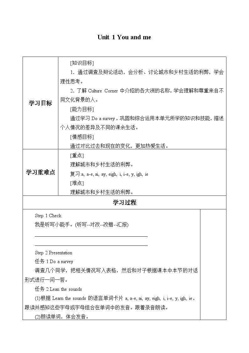 沪教版（六三制三起）小学六年级英语下册 Module 1 Unit  1  You and me    学案201