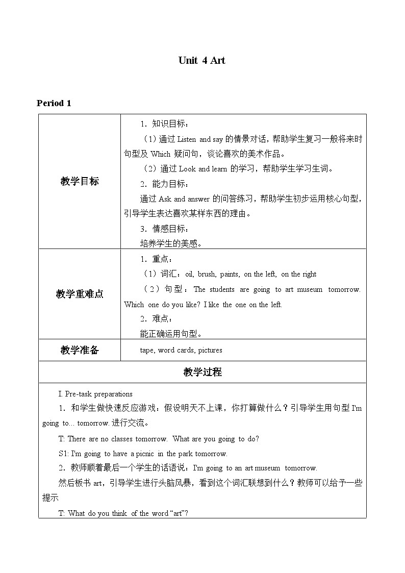 沪教版（六三制三起）小学六年级英语下册 Module 2 Unit  4  Art  教案01