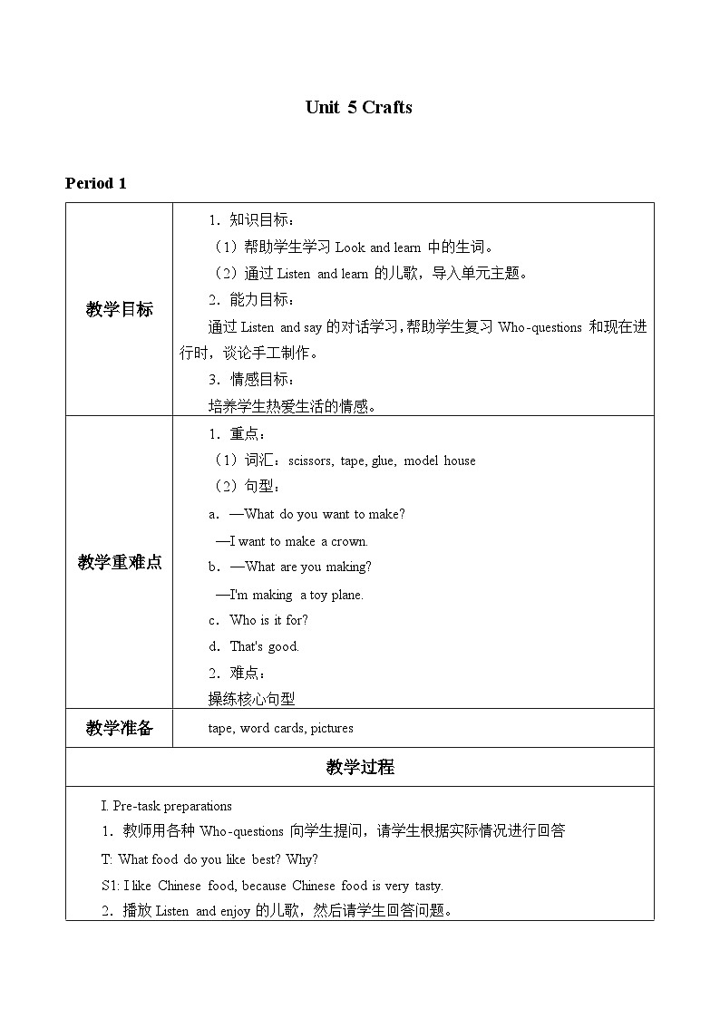 沪教版（六三制三起）小学六年级英语下册 Module 2 Unit  5  Crafts  教案01