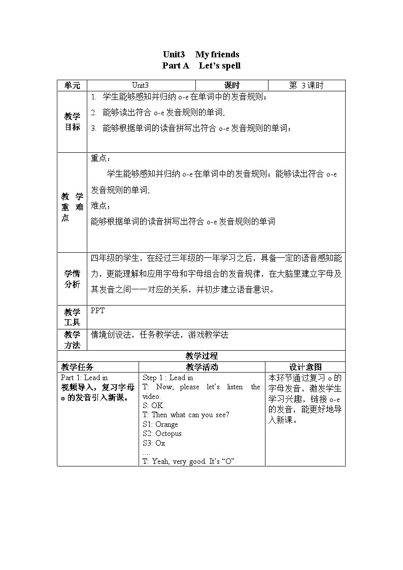 人教PEP版英语四年级上册 Unit 3 Part A Let 's spell（教学设计）第1页