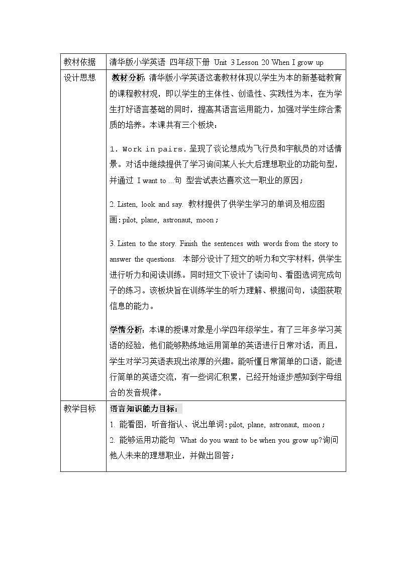 清华大学版小学英语四年级下册  UNIT 3 WHEN I GROW UP…-LESSON 20   教案101