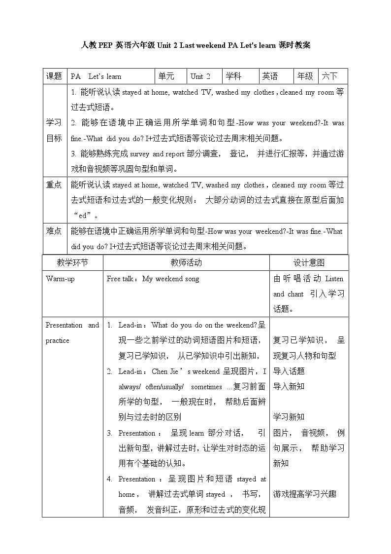 人教PEP版六年级下册英语 Unit 2 Last weekend PA let's learn 课件+教案+动画素材01