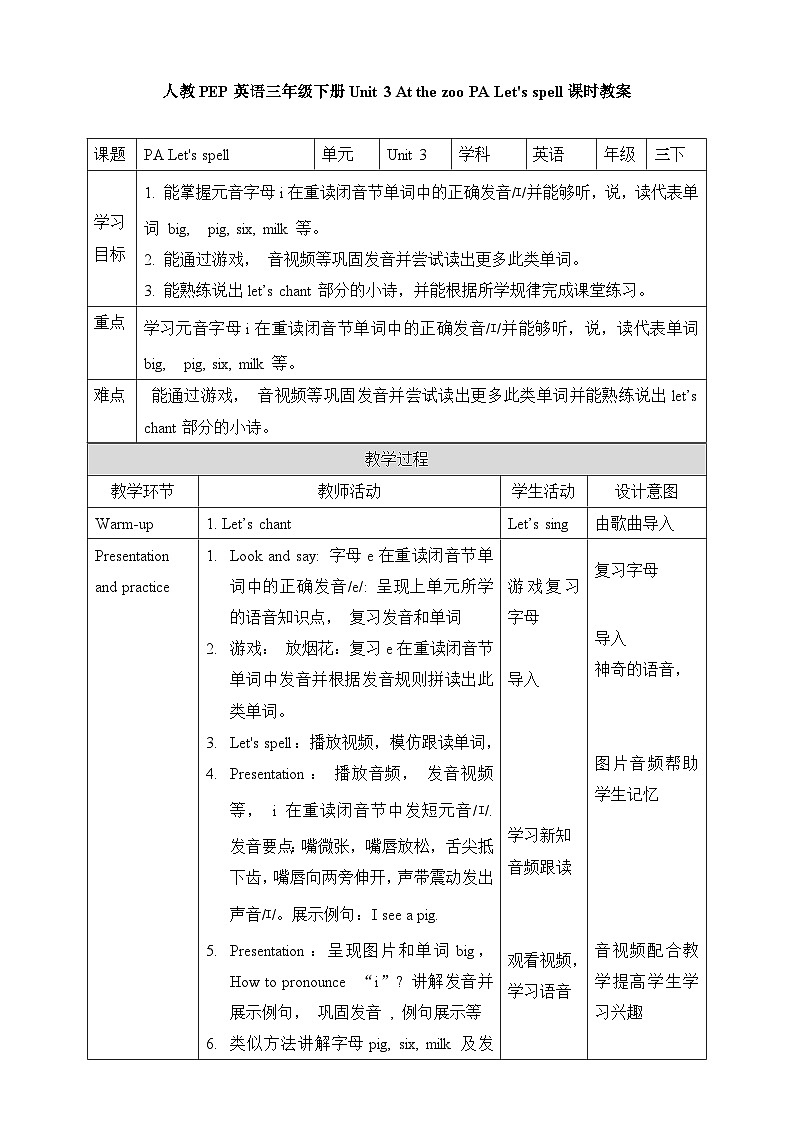 【精优公开课】Unit 3 At the zoo PA Let 's spell 教案第1页