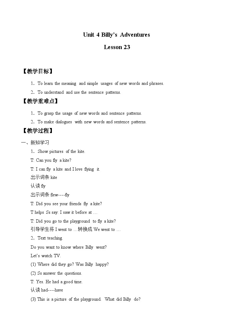 清华大学版小学英语五年级下册 UNIT 4  Billy's adventures lesson 23   教案01