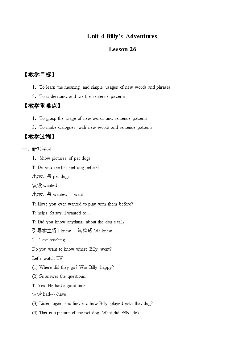 清华大学版小学英语五年级下册 UNIT 4  Billy 's adventures lesson 26   教案第1页