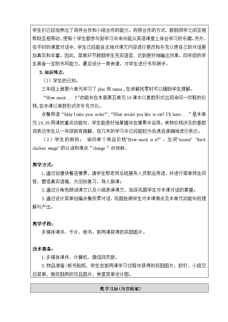 北京版小学四年级英语上册 UNIT SIX  MAY I TAKE YOUR ORDER-Lesson  21   教案1第3页