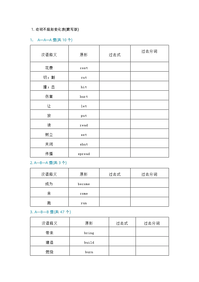 小学英语不规则动词的过去式和过去分词默写版-教习网|课件下载