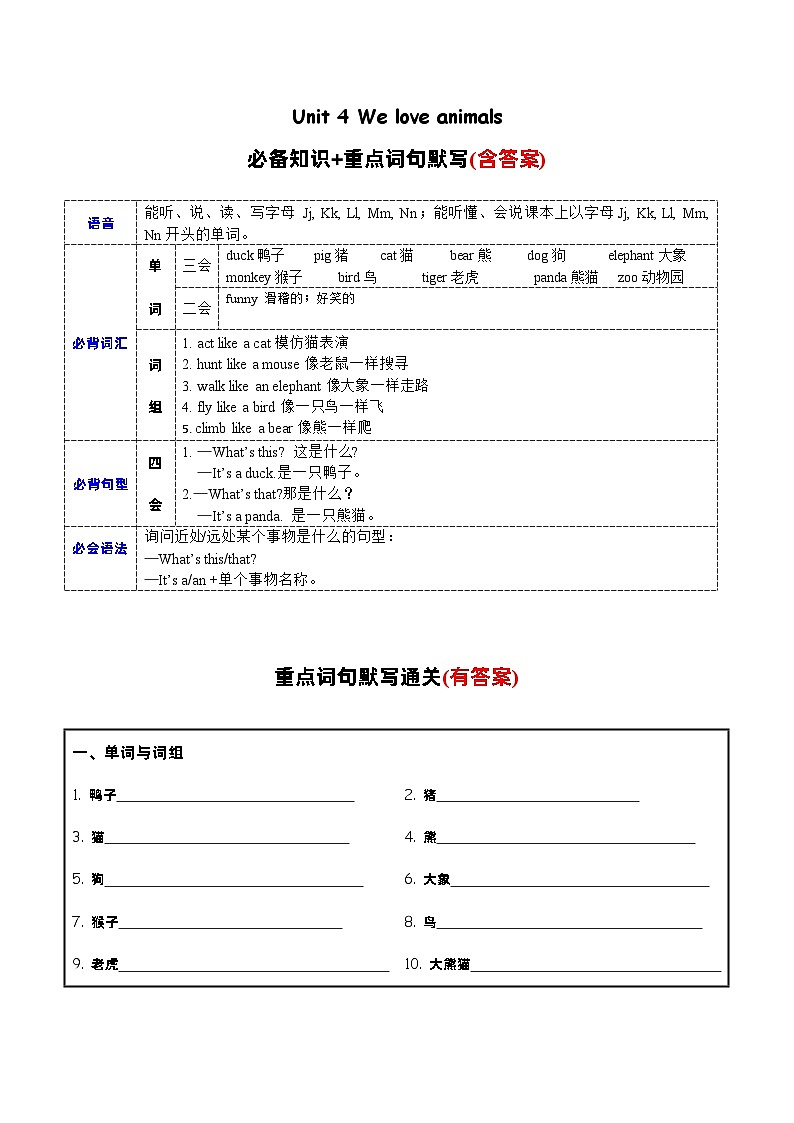 Unit4必备知识（复习讲义）-2023-2024学年三年级英语上册单元速记·巧练（人教PEP版）01