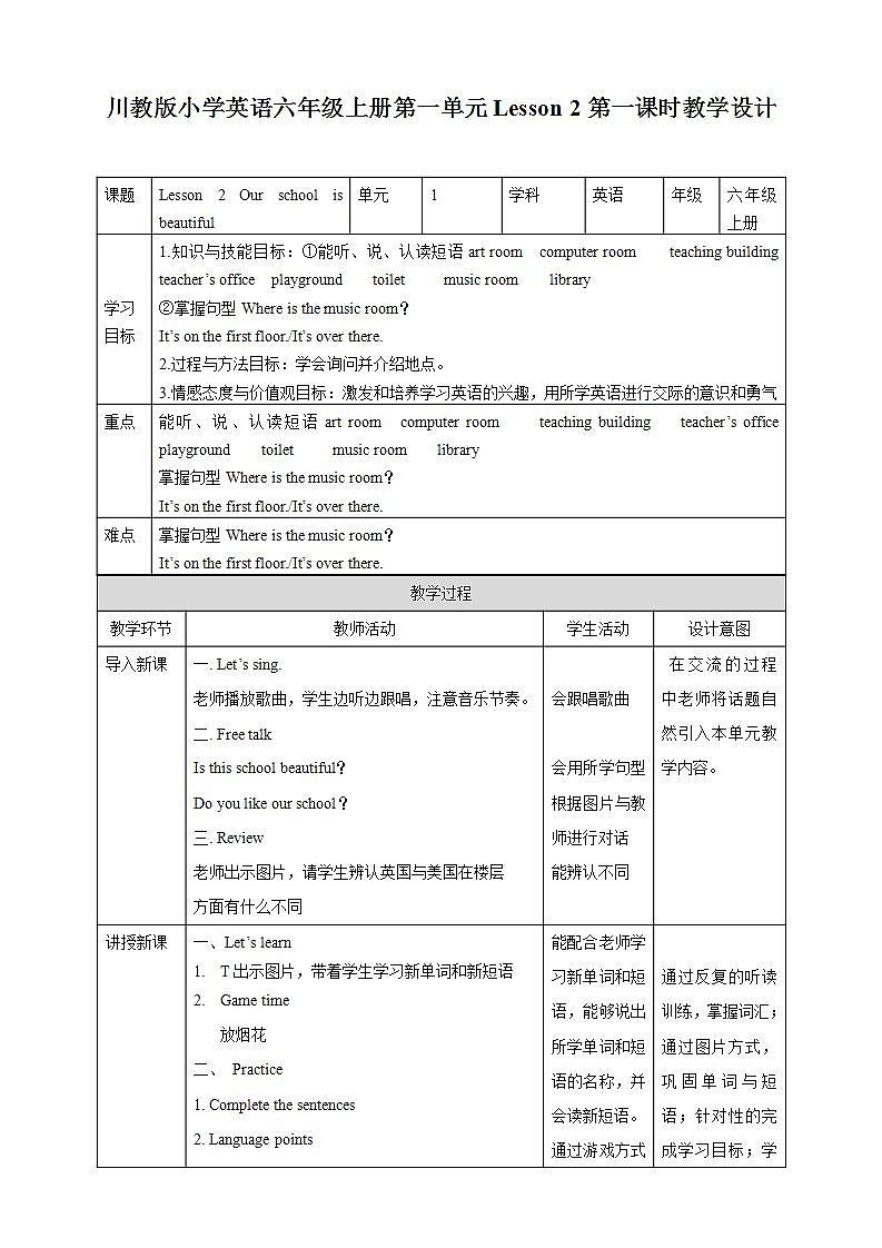 川教版英语六上 Unit1 Lesson2《Our school is beautiful》(1) 课件+教案+练习+素材01