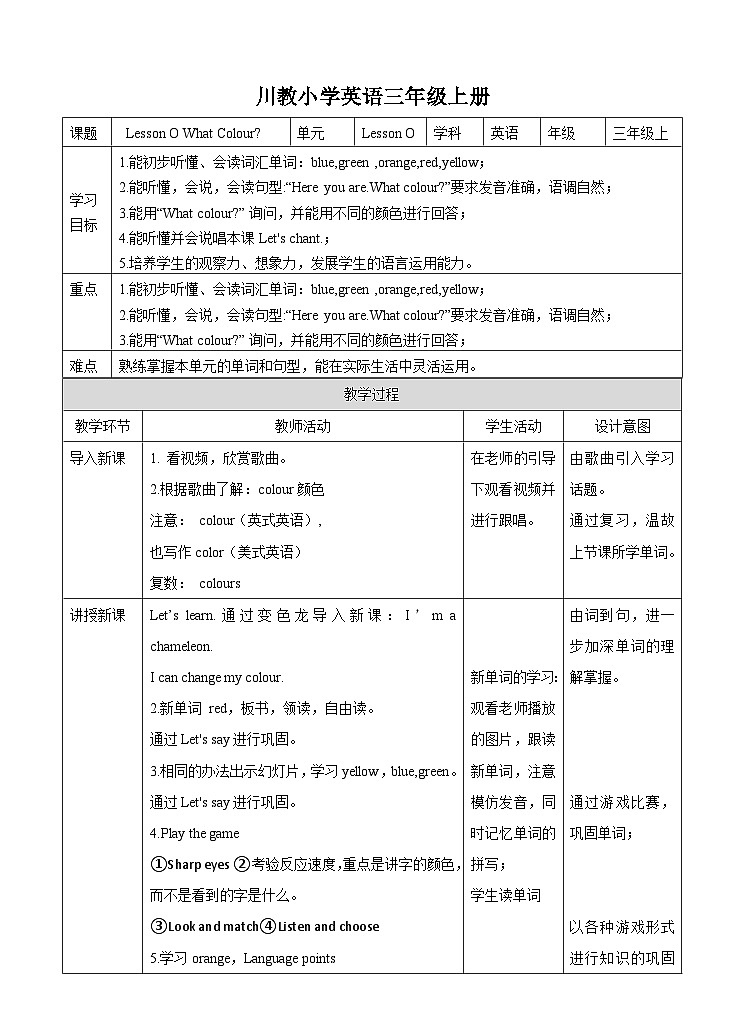 川教版英语三上 Lesson O《What Colour》课件+教案+练习+素材01