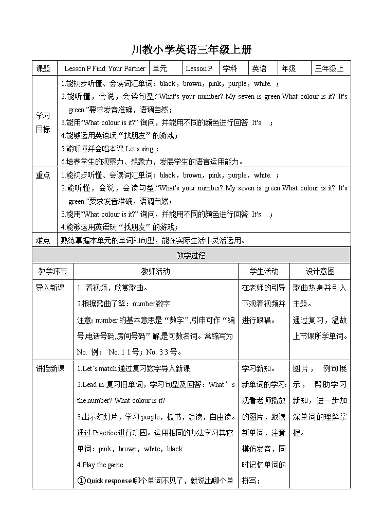 川教版英语三上 Lesson P《Find Your Partner》课件+教案+练习+素材01