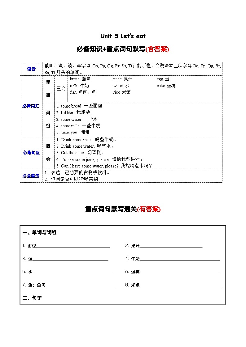 Unit5必备知识（复习讲义）-2023-2024学年三年级英语上册单元速记·巧练（人教PEP版）01