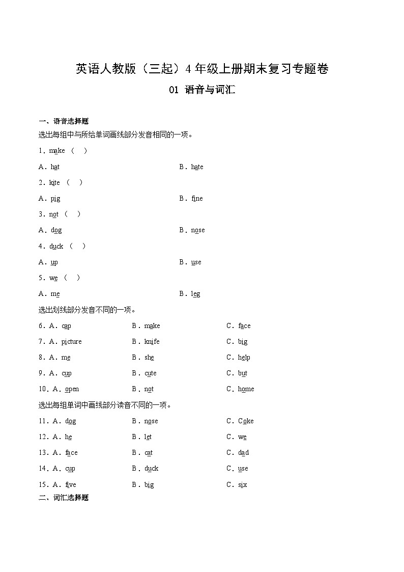 英语人教版（三起）4年级上册期末复习专题卷01语音与词汇第2页