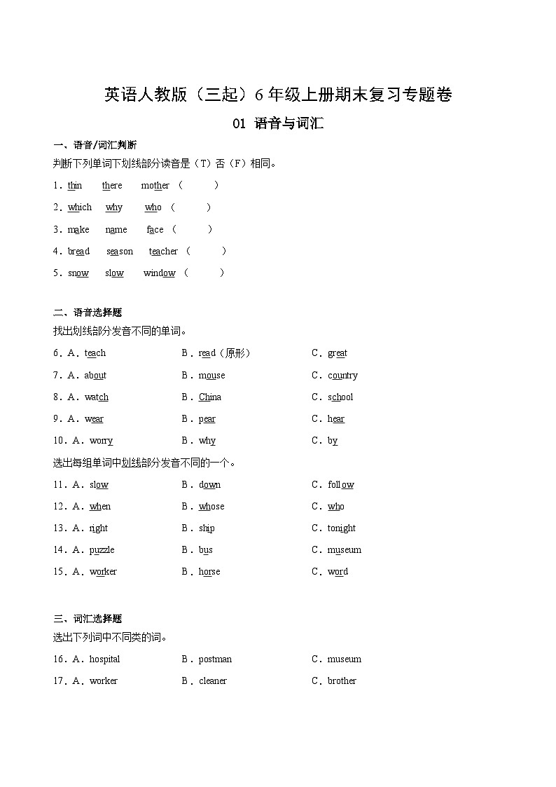 英语人教版（三起）6年级上册期末复习专题卷01语音与词汇第2页