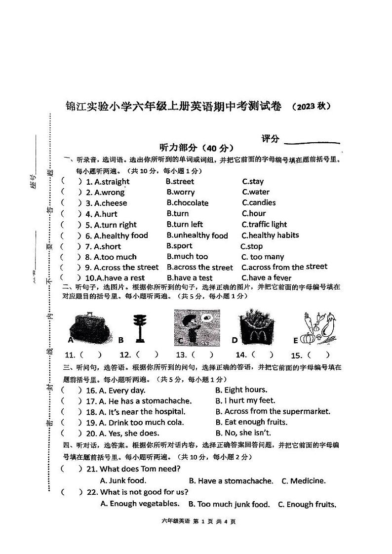广东省汕尾市陆丰市碣石镇锦江实验小学2023-2024学年六年级上学期期中英语试题01