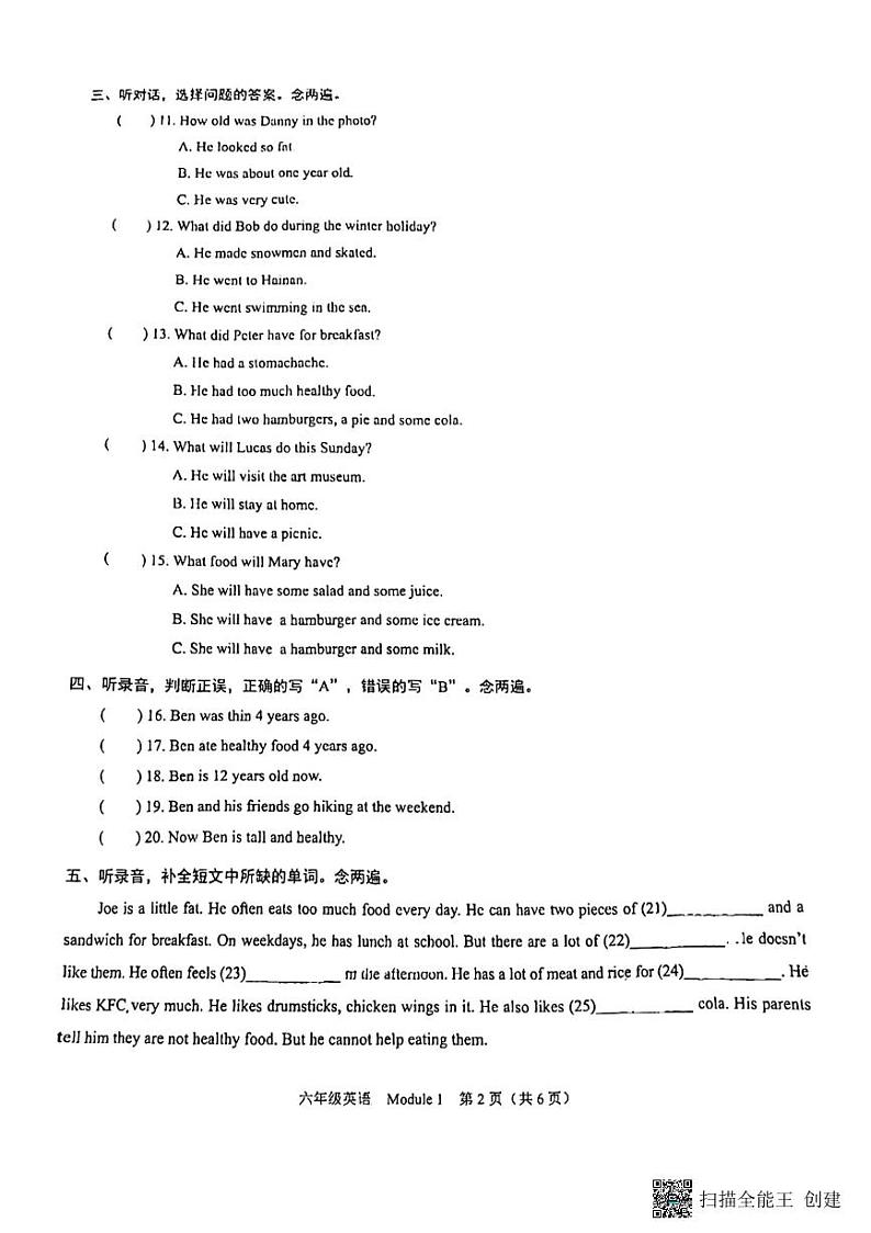 广东省深圳市龙华区新智学校2023-2024学年六年级上学期英语11月月考试题02