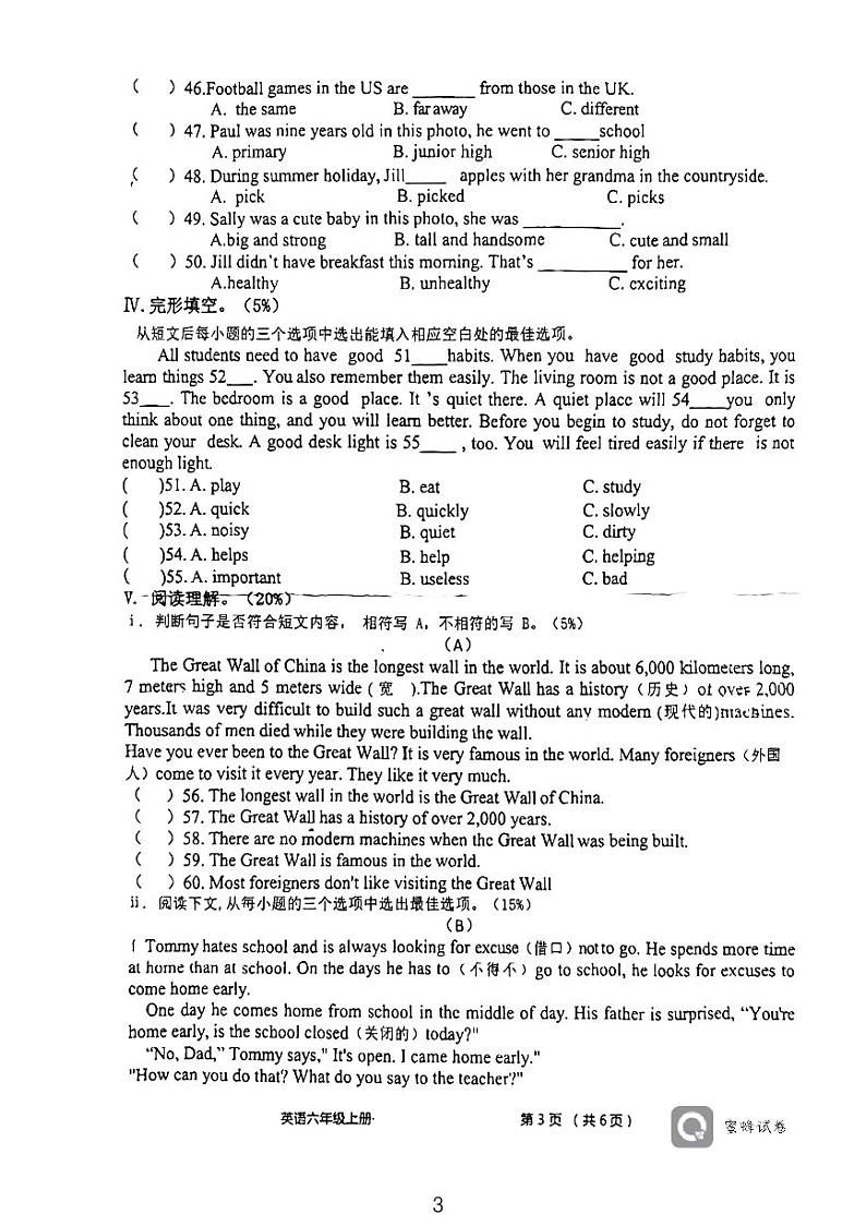 广东省深圳市宝安区文汇小学2023-2024学年六年级上学期期中英语测试第3页