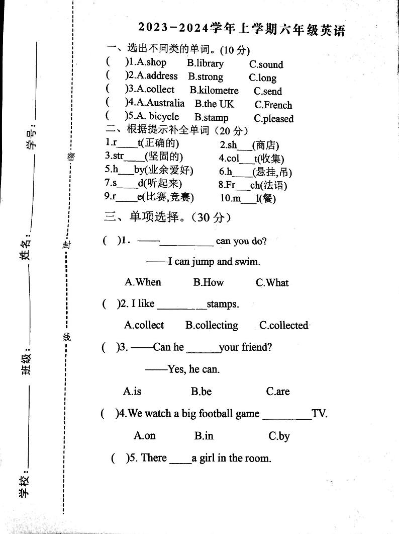 河南省漯河市郾城区龙湖学校2023-2024学年六年级上学期11月期中英语试题第1页